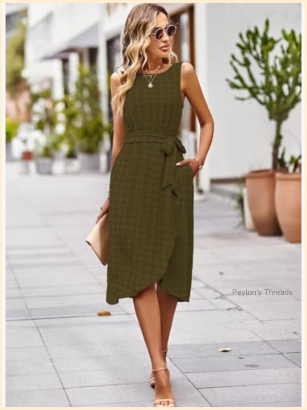 Belted Sleeveless Split Midi Dress with Pockets Crew Neck Boho Sundress - Picture 2 of 7